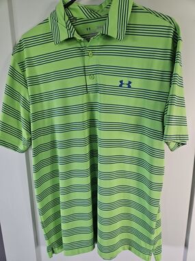 Under Armour Green Blue-Striped Polo Shirt HeatGear Performance